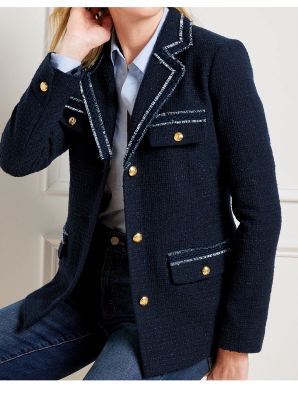 Talbots Women Navy Contrast Trim Tweed  Button Front Jacket Blazer New 16W